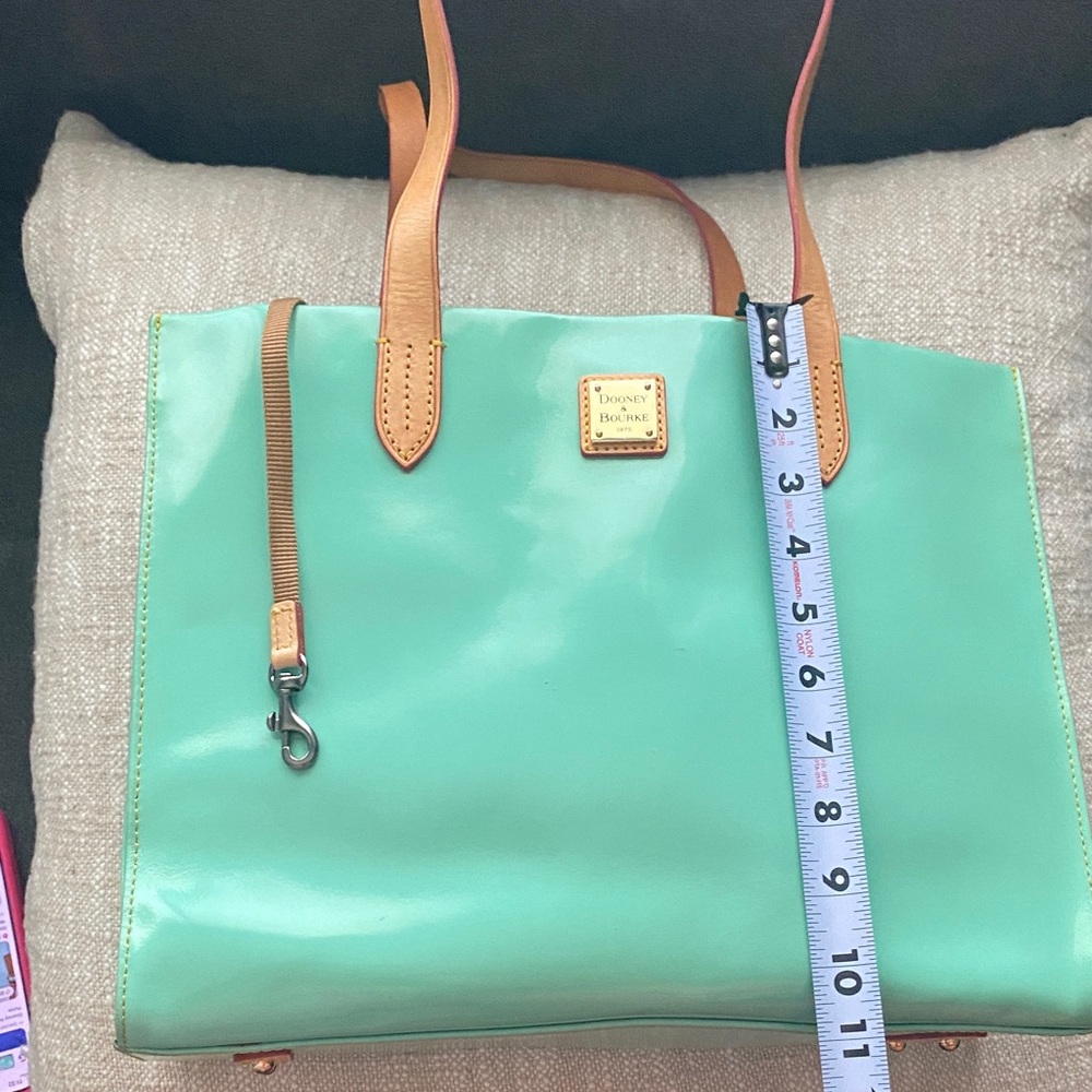 Dooney & Bourke Aqua Patent Leather Tote with Tan Straps - Picture 13 of 13